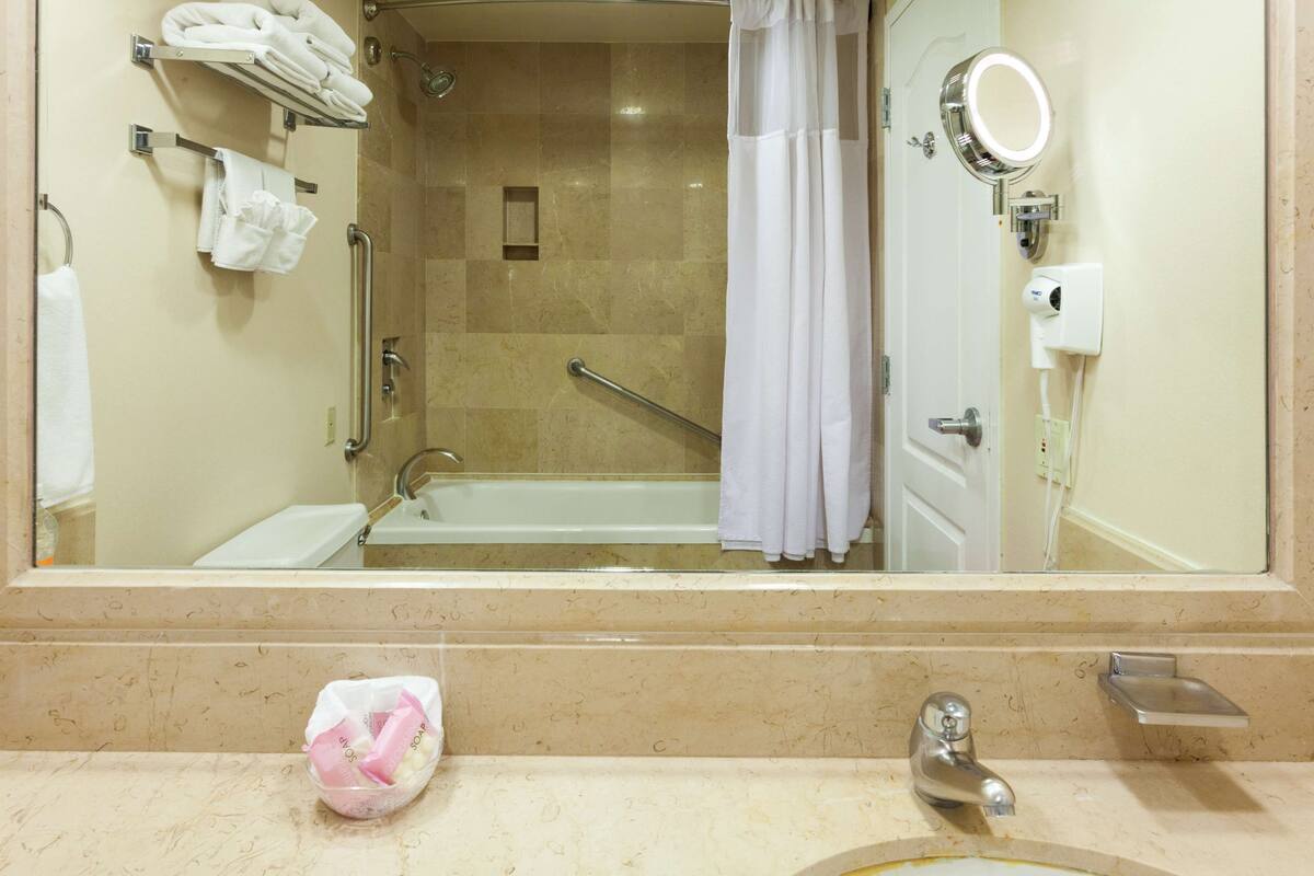 A bathroom with a bathtub, a shower, a handrail, a towel rack, a mirror, and a soap dispenser.