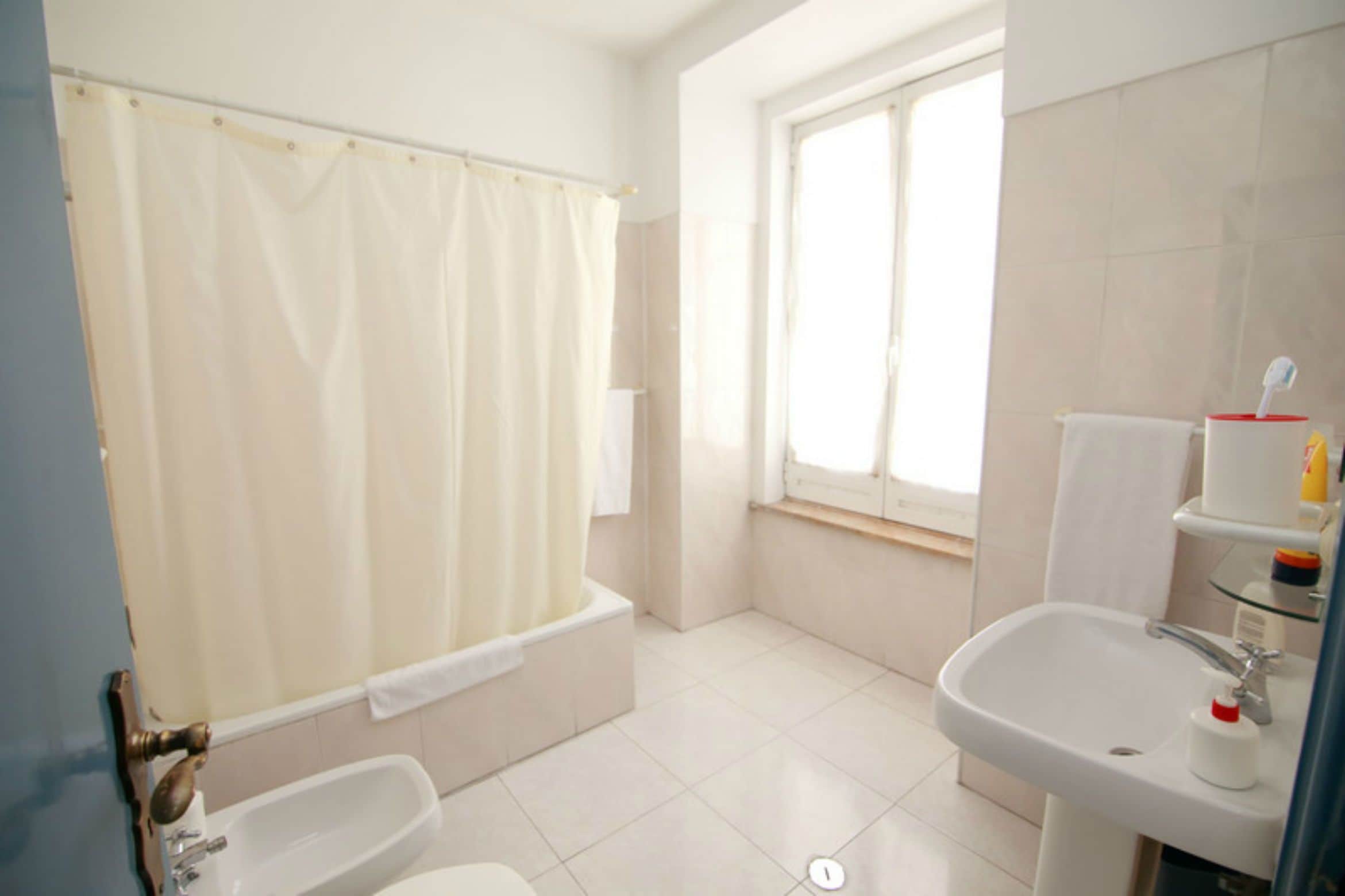 Combined shower/tub, hair dryer, towels