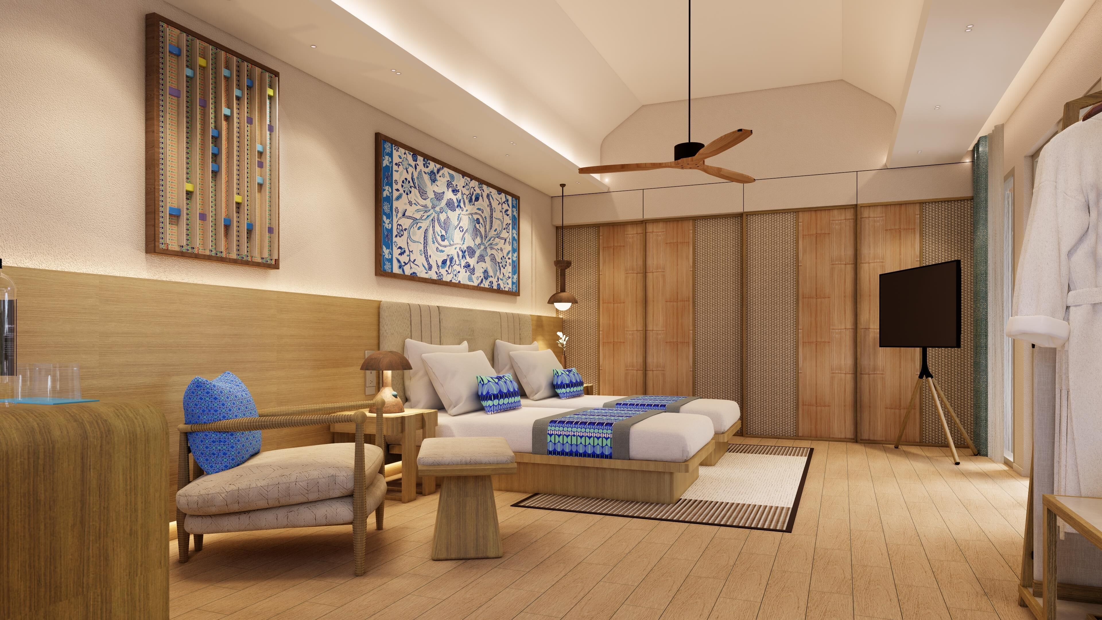 A modern bedroom with a bed, bedside tables, a chair, a desk, a television, and a ceiling fan.