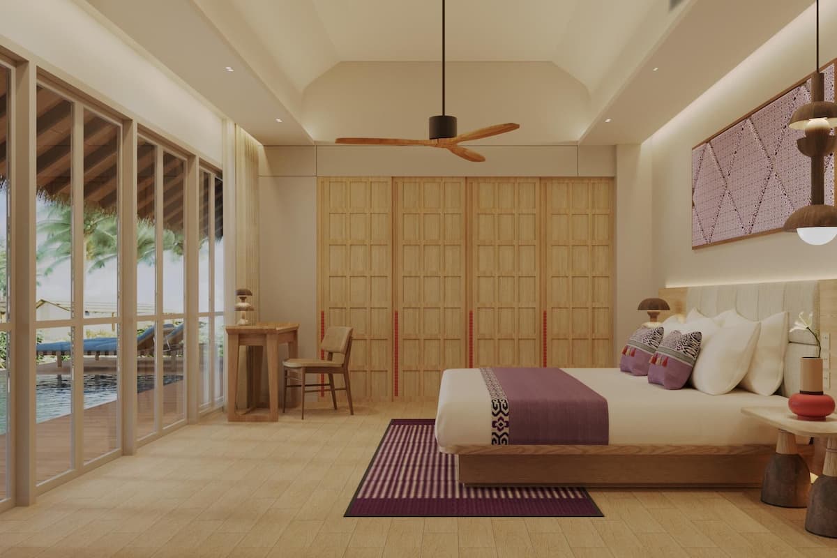 Beachfront Pool Villa | Caja de seguridad en la habitación y cortinas blackout