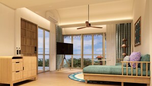 A modern bedroom with a large window, a ceiling fan, a TV, and a wooden cabinet.
