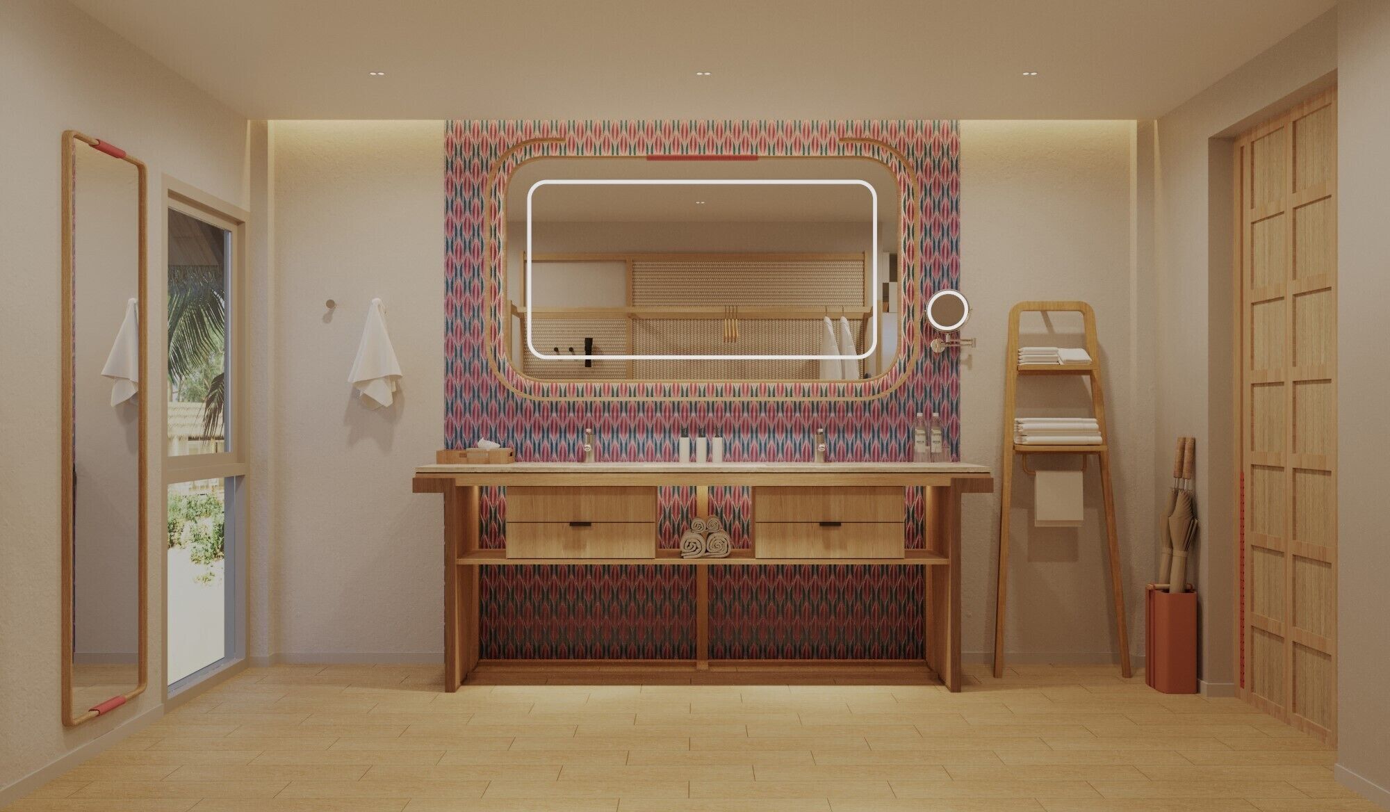 Un bagno con un mobile lavabo in legno, uno specchio con cornice decorativa e carta da parati a motivi.