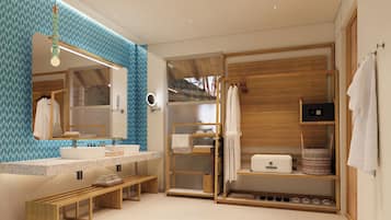Deluxe suite (Garden) | Badkamer | Een douche, milieuvriendelijk toiletgerief, een haardroger, badjassen