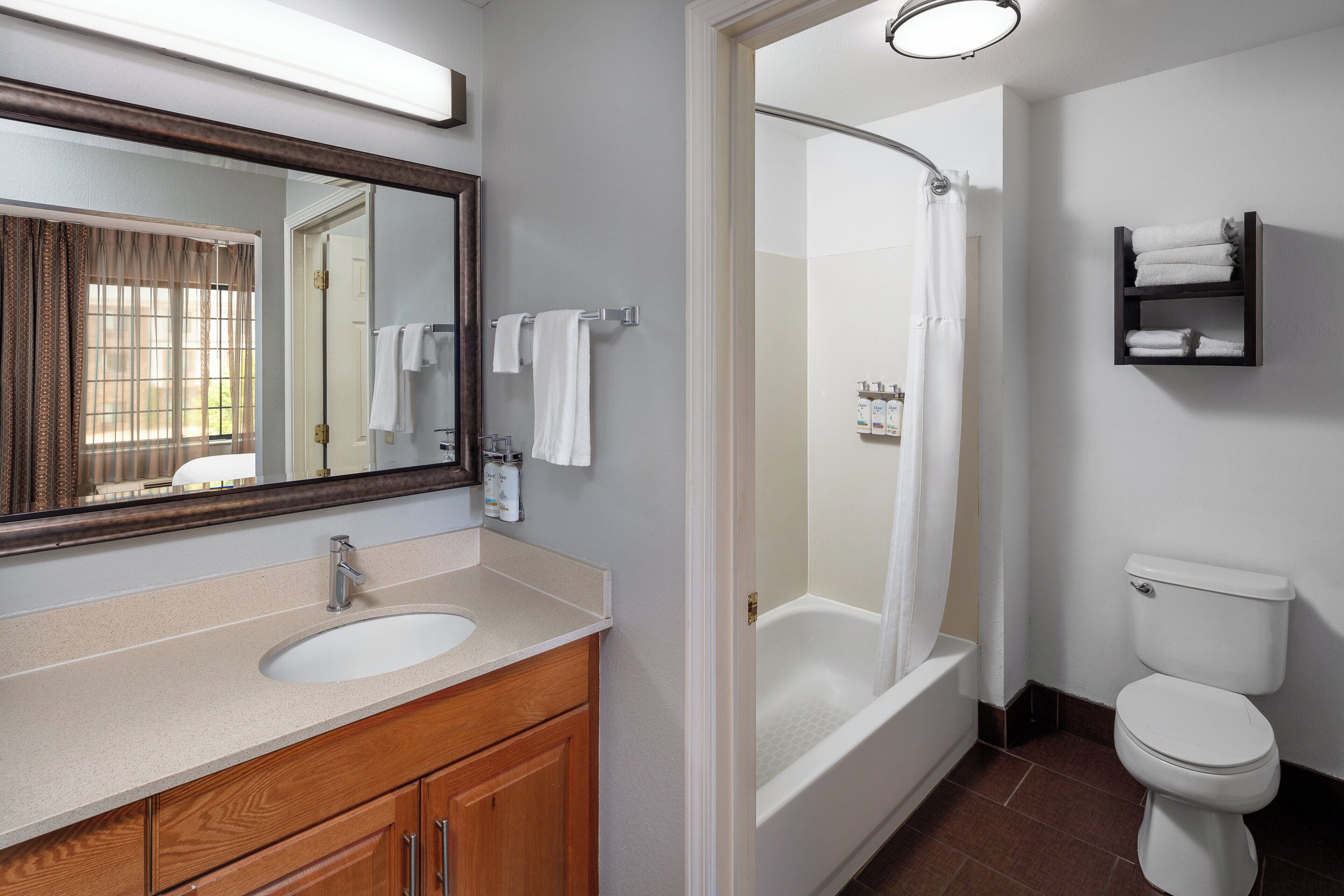 A bathroom with a sink, mirror, shower, and toilet.