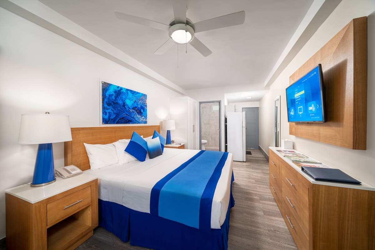 Quarto de hotel com cama, mesa de cabeceira, abajur e televisão de tela plana na parede.