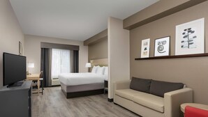 A hotel room with a bed, a desk, a television, a sofa, and artwork on the wall. - Country Inn & Suites by Radisson, Gainesville, FL (Gainesville)