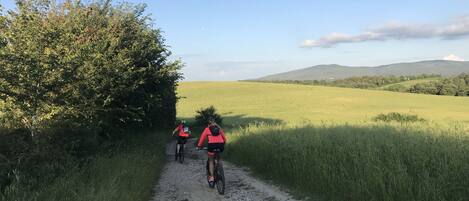 A gravel path with cyclists in red and black attire.