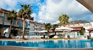 Indoor pool, outdoor pool, sun loungers