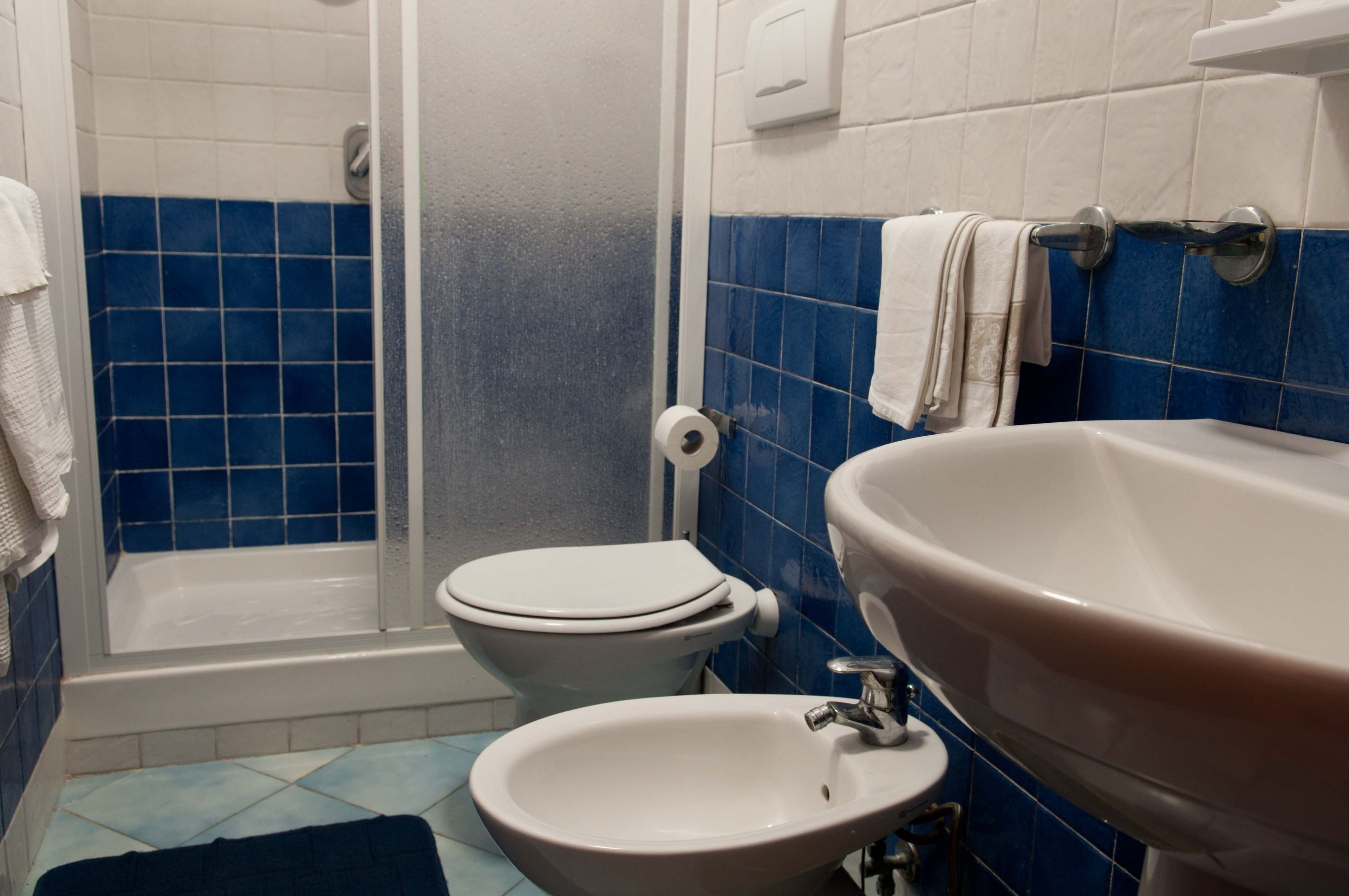 Un baño con ducha, inodoro y lavabo.