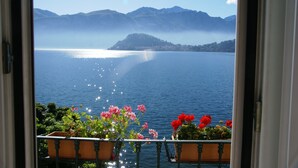 Vista de un lago con montañas al fondo, un balcón con plantas en macetas y un cielo despejado.