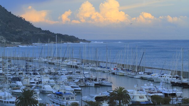 A marina with numerous boats docked, a coastline with vegetation, and the sea in the background. - Hotel Napoleon (Menton)