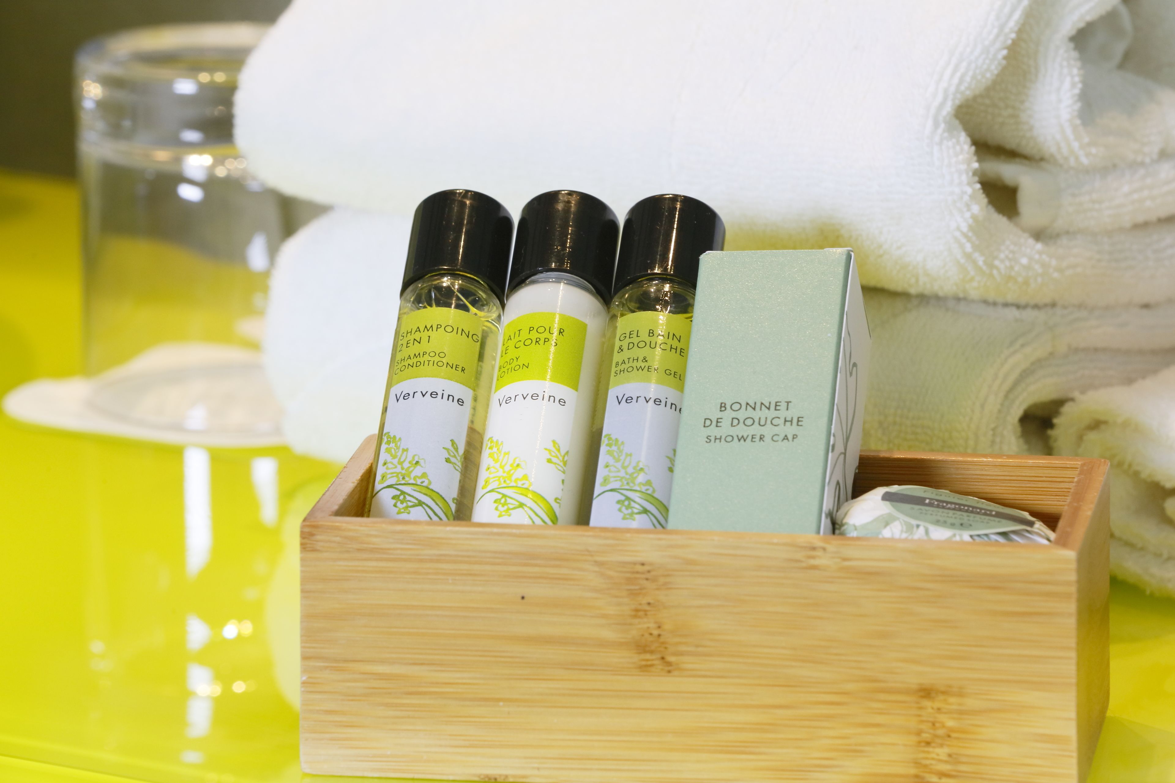 free toiletries, hair dryer, towels