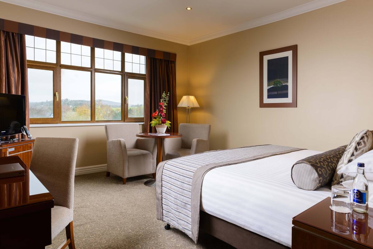 A hotel room with a bed, two chairs, a desk with a computer, a lamp, a painting, and a view of the outdoors.