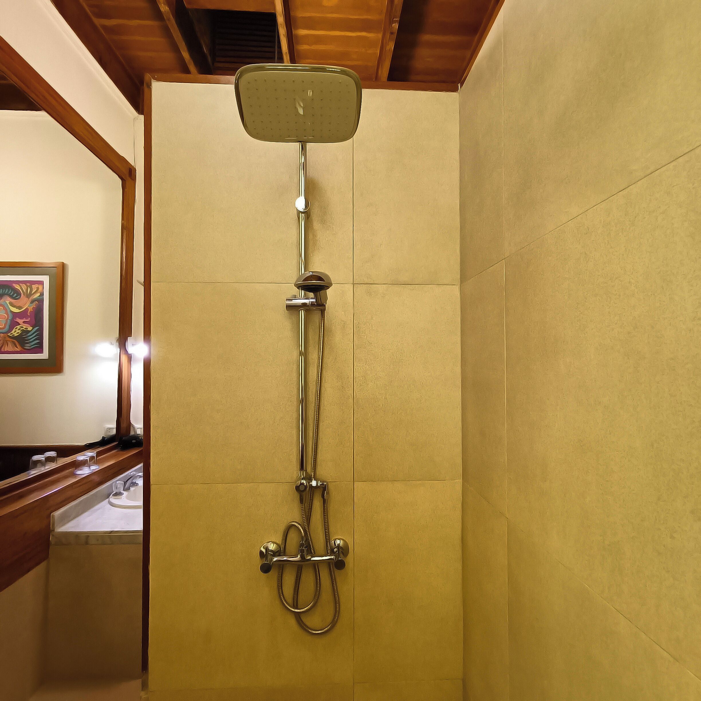 Una ducha con cabezal de ducha manual, grifería empotrada en la pared y espejo de mano.