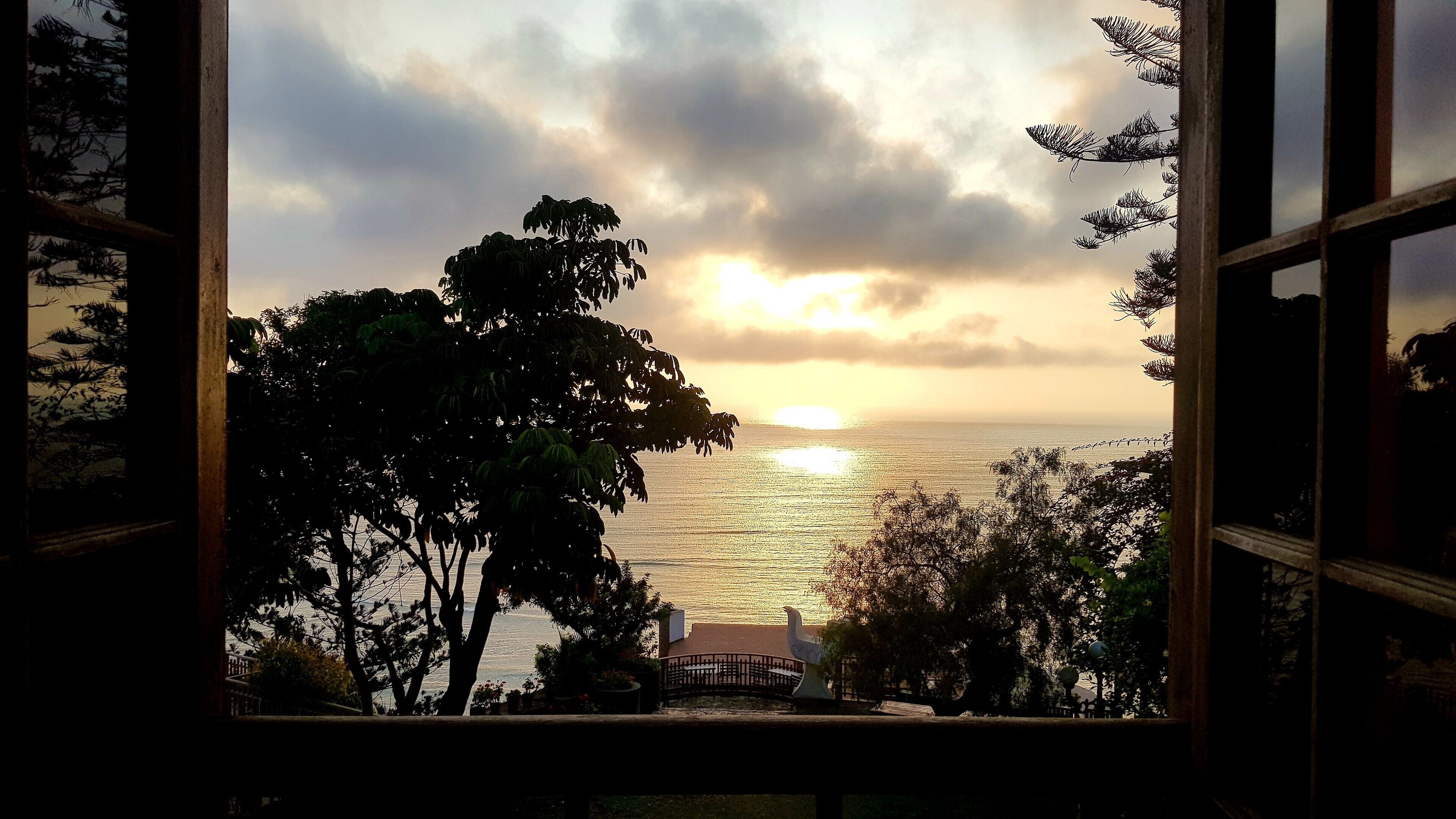 A view through a window of a coastal landscape with a sunset, trees, and a fence.