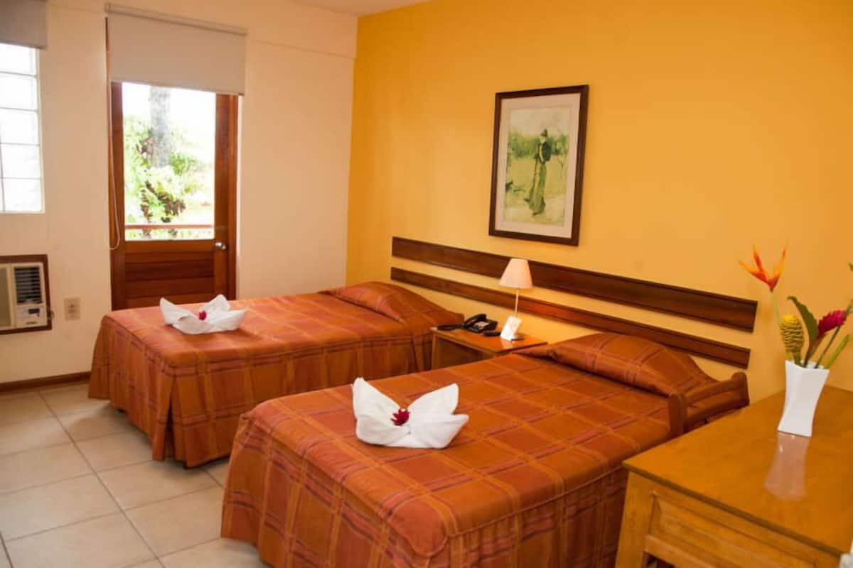 Habitación de hotel con dos camas, una mesita de noche con lámpara, un cuadro en la pared y una ventana con vistas a zonas verdes.