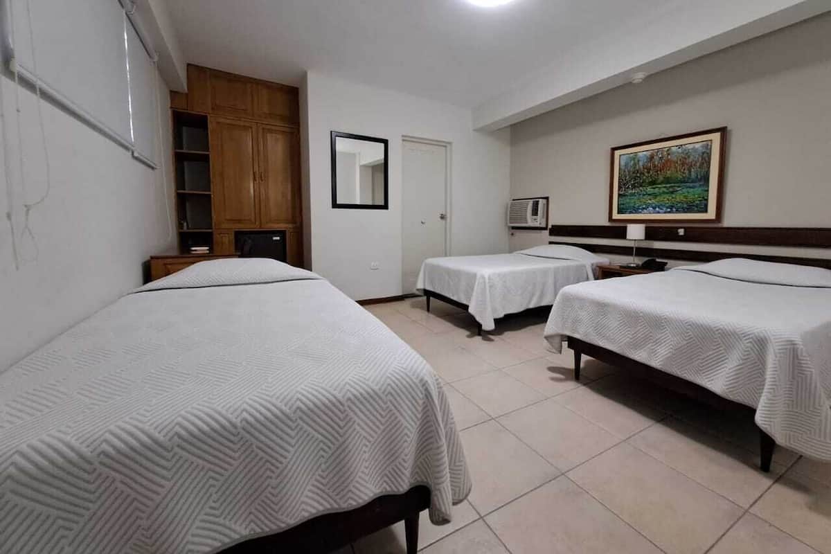 Habitación de hotel con dos camas individuales, un armario de madera, un espejo, un cuadro y una lámpara en el techo.