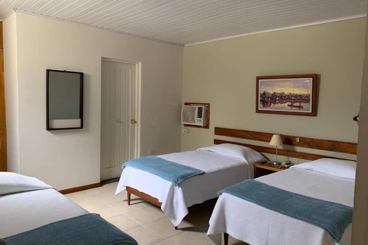 Une chambre d’hôtel avec deux lits, une tête de lit en bois, un tableau au mur et une porte.