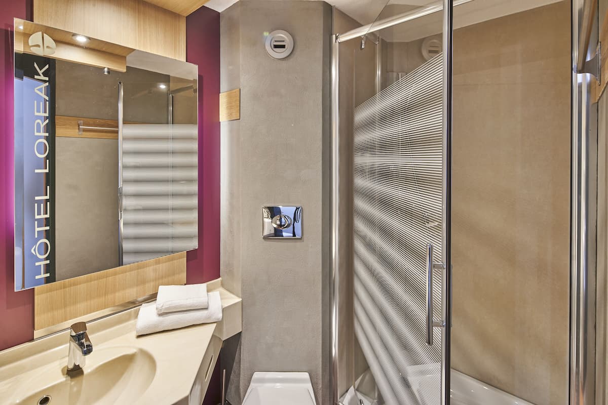 shower, free toiletries, hair dryer, towels