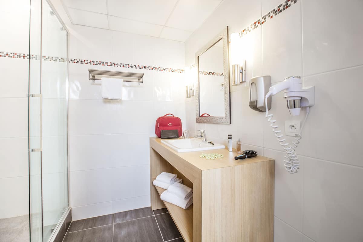 shower, free toiletries, hair dryer, towels