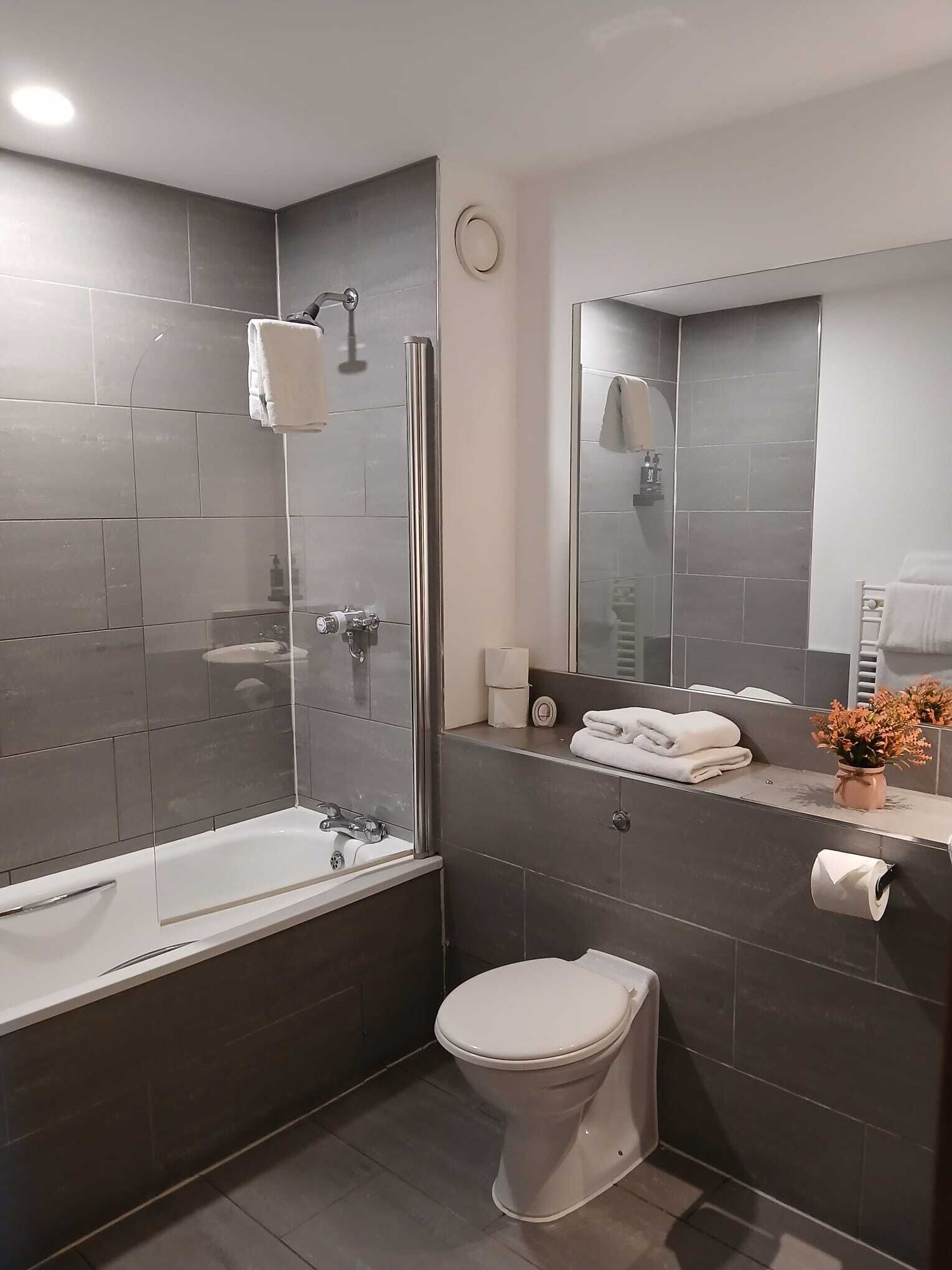 eco-friendly toiletries, hair dryer, towels, soap