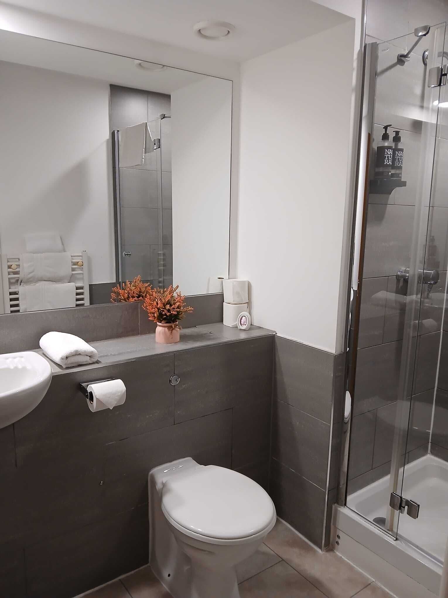 Een moderne badkamer met toilet, wastafel en douchecabine met glazen wanden.