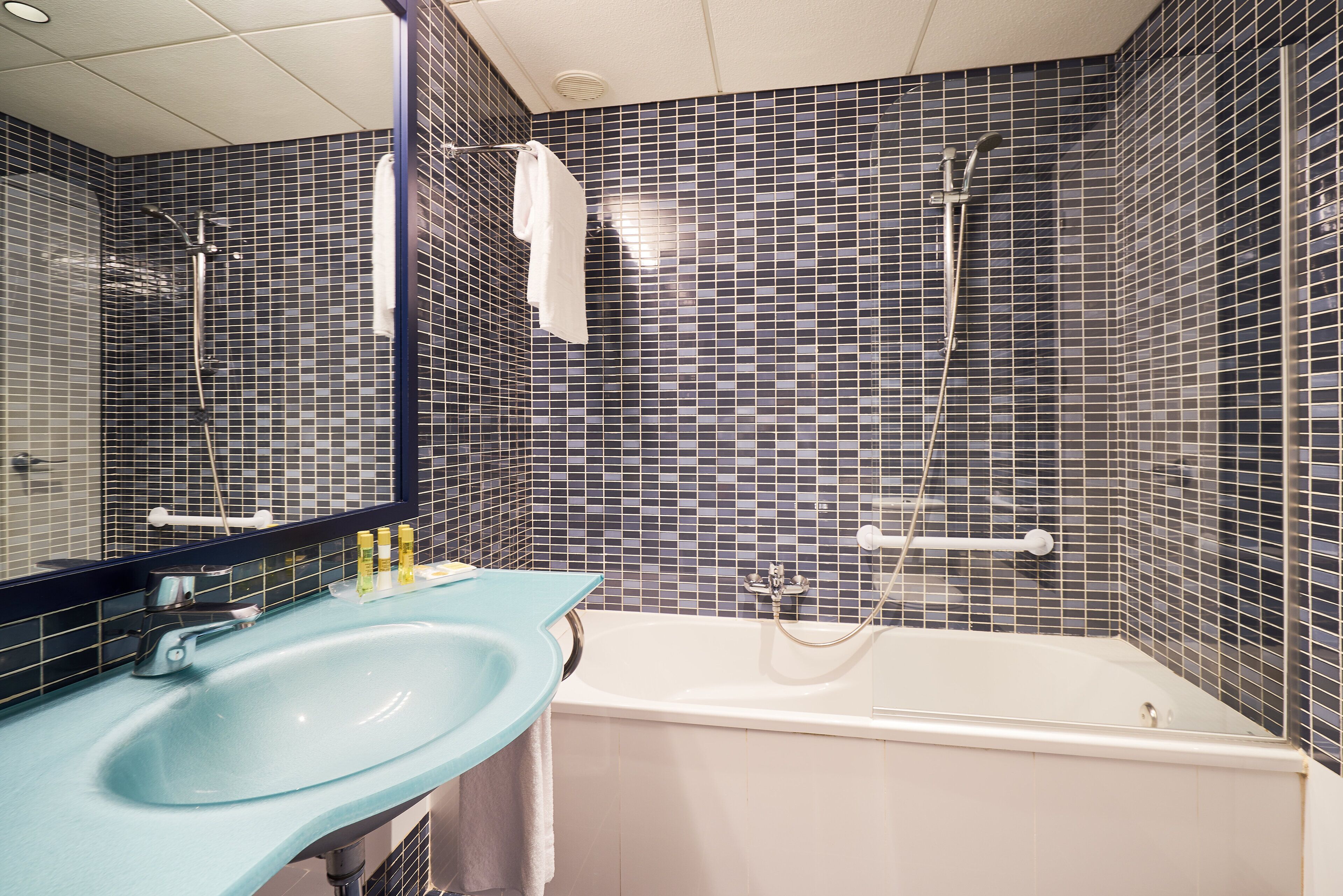 combined shower/bathtub, designer toiletries, hair dryer, bidet