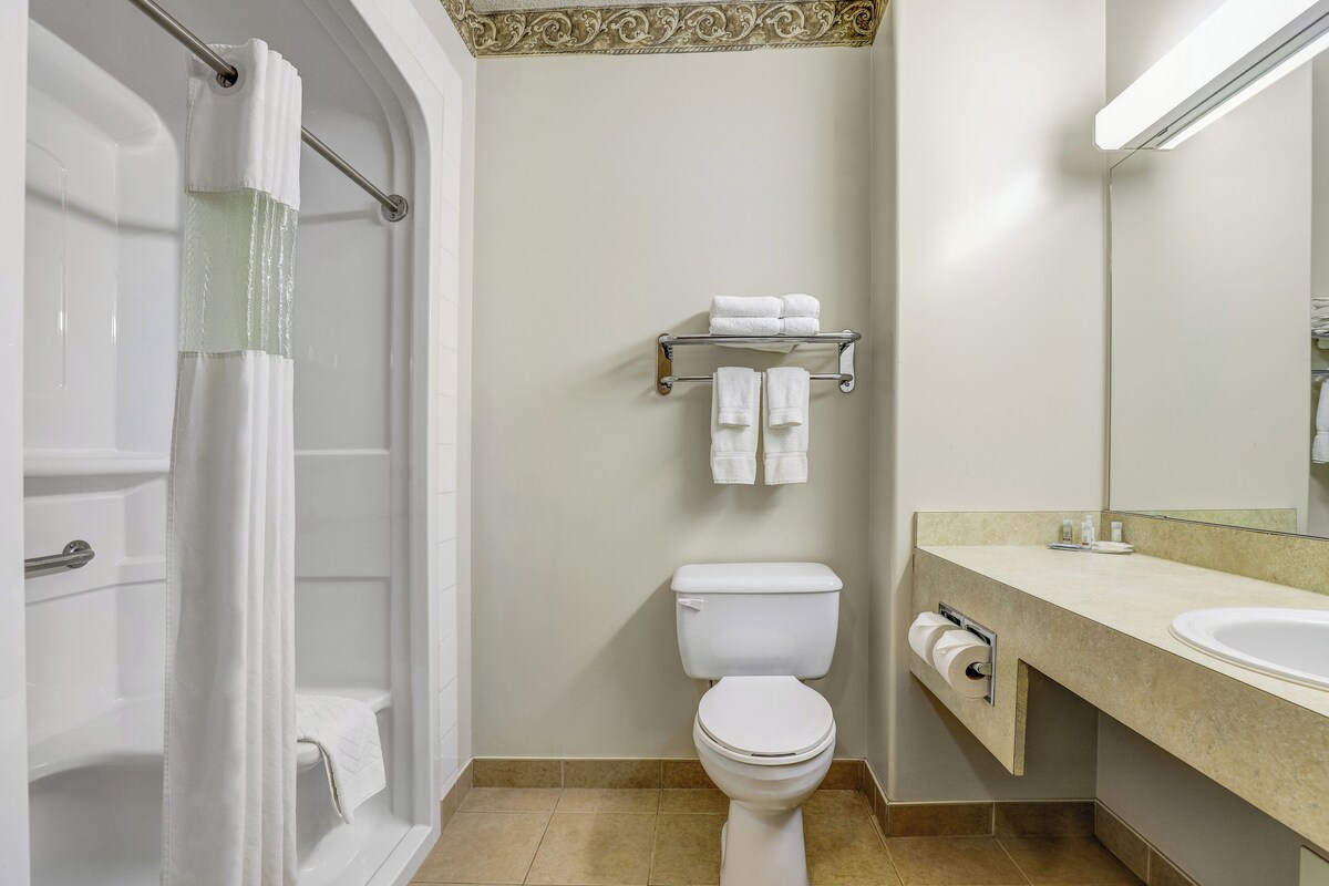 Un baño con bañera, inodoro, toallero y lavabo con espejo.