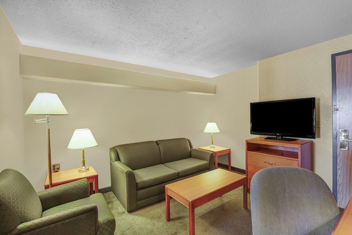 Una habitación de hotel con sofá, dos lámparas, televisor, mesa de madera y una silla.