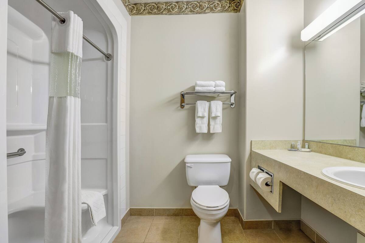 Ein Badezimmer mit Badewanne, Toilette, Handtuchhalter und Waschbecken inklusive Spiegel.
