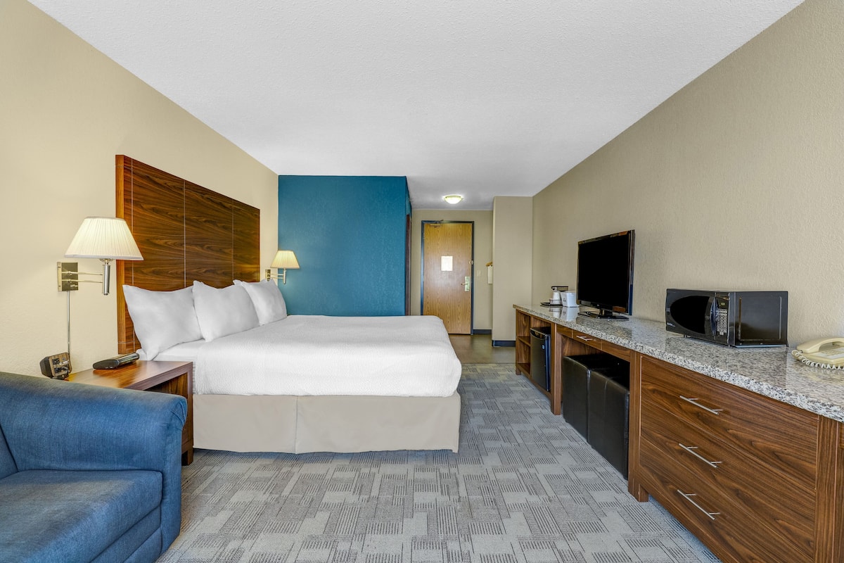 Suite, 1 cama de matrimonio grande | Escritorio, cortinas opacas, tabla de planchar con plancha y wifi gratis