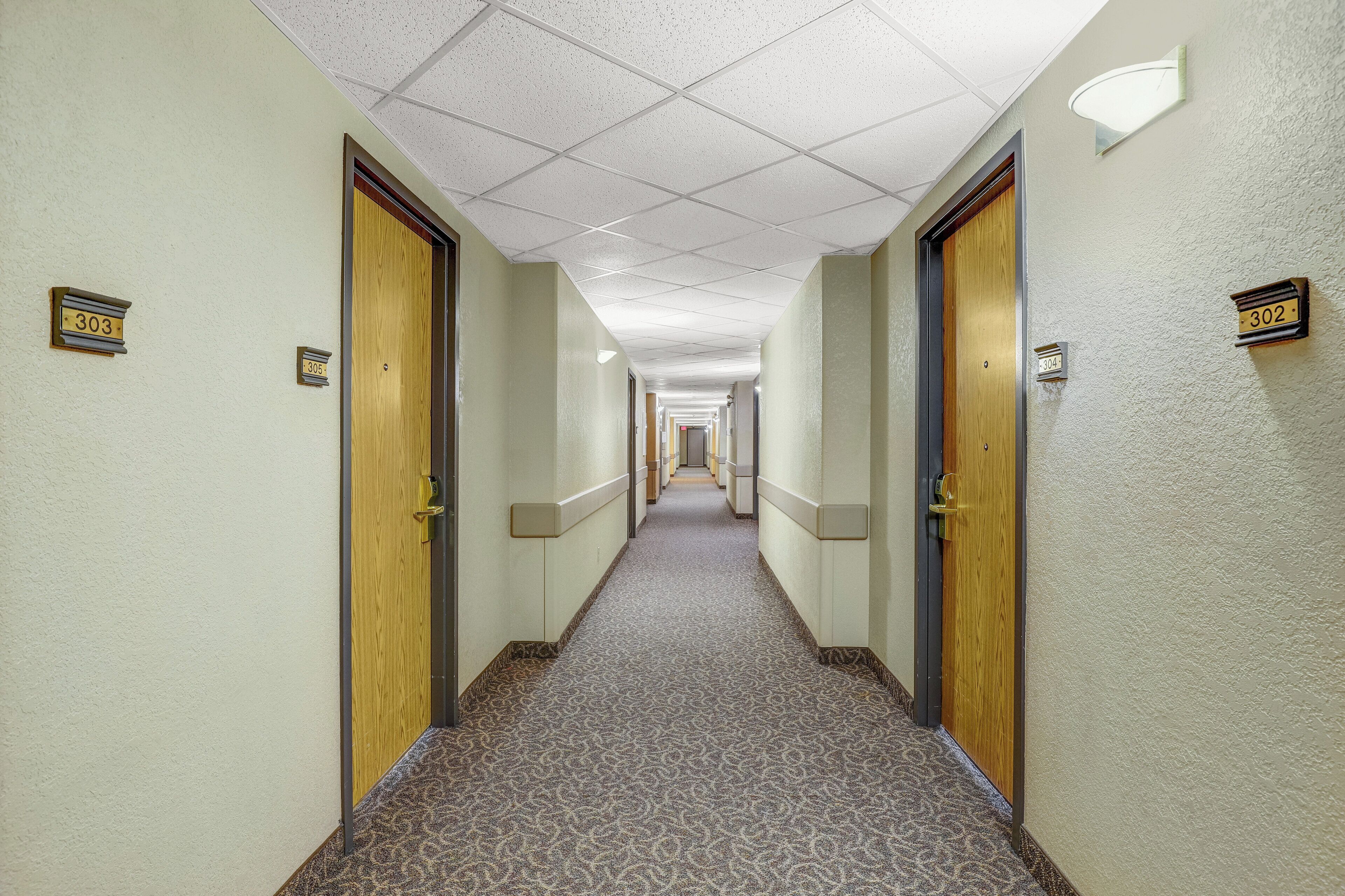 A hotel hallway with carpeted floors, wooden doors, and numbered room signs.