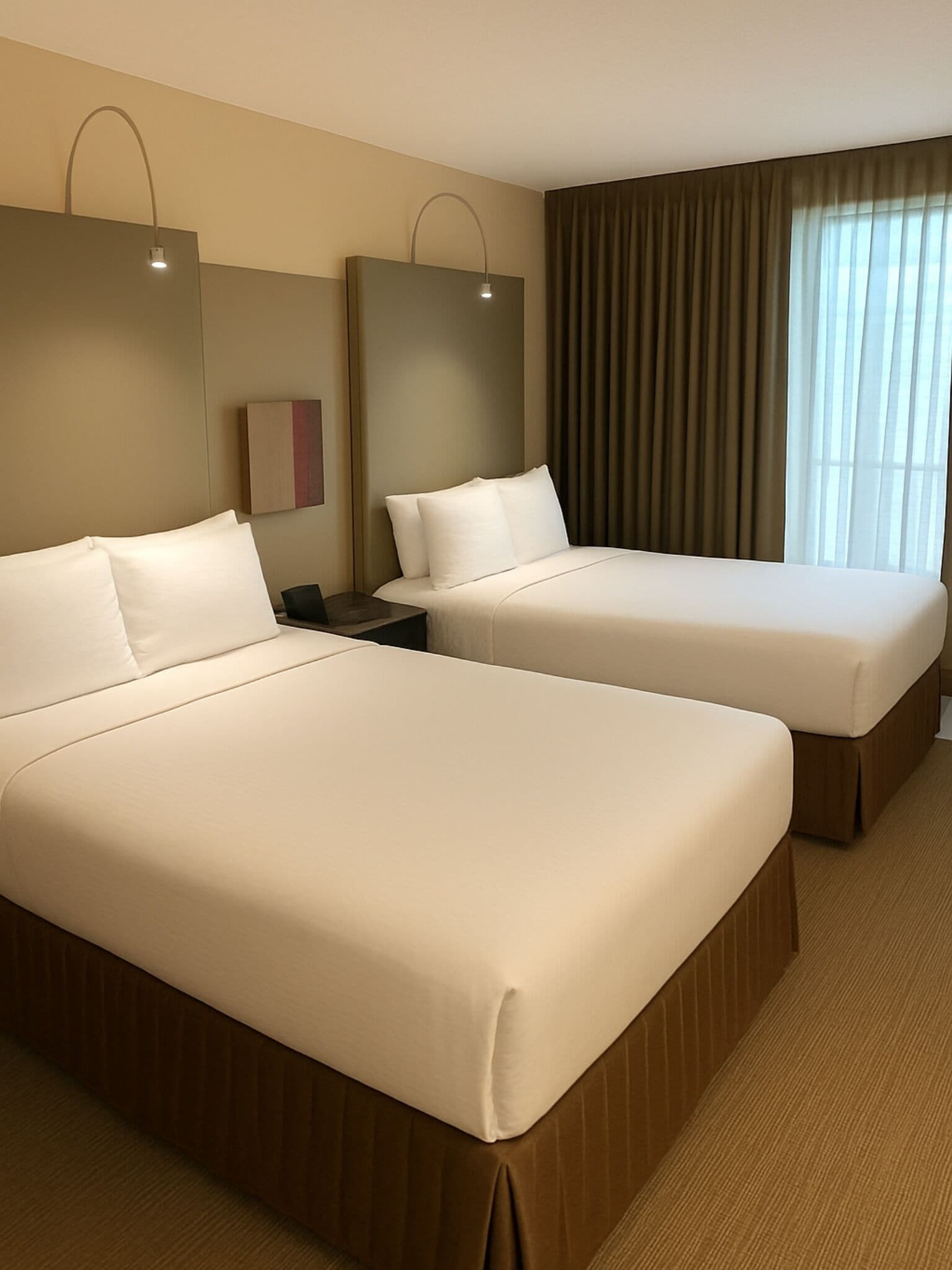 Habitación de hotel con dos camas, una mesita de noche, una lámpara y una ventana con cortinas.