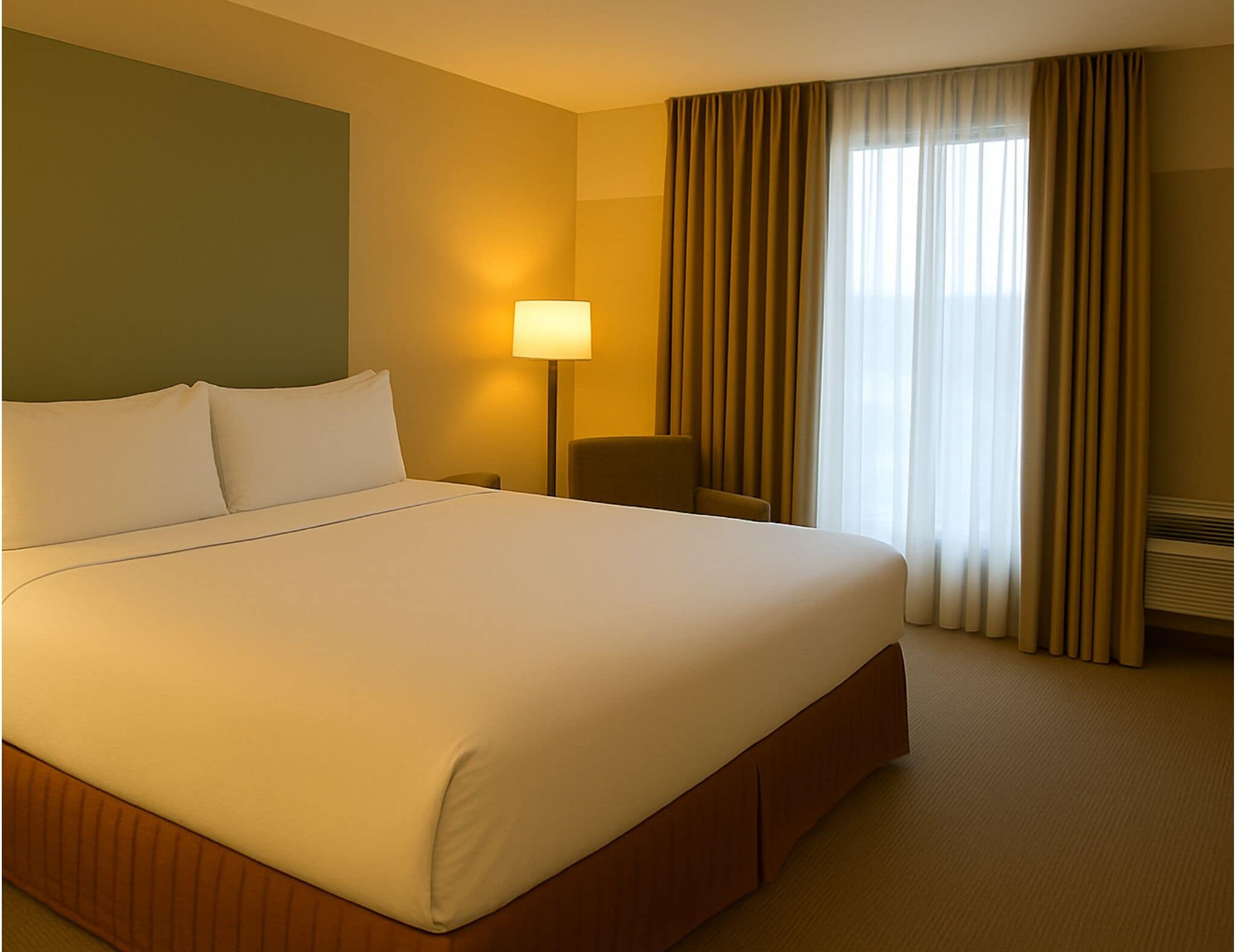 A hotel room with a large bed, a nightstand, a lamp, a chair, and a window with curtains.