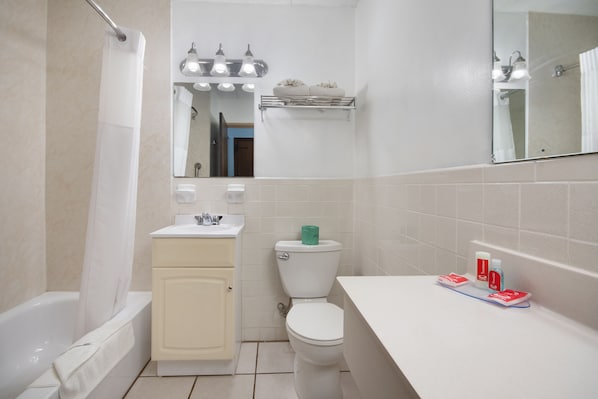 Hair dryer, towels, soap, shampoo