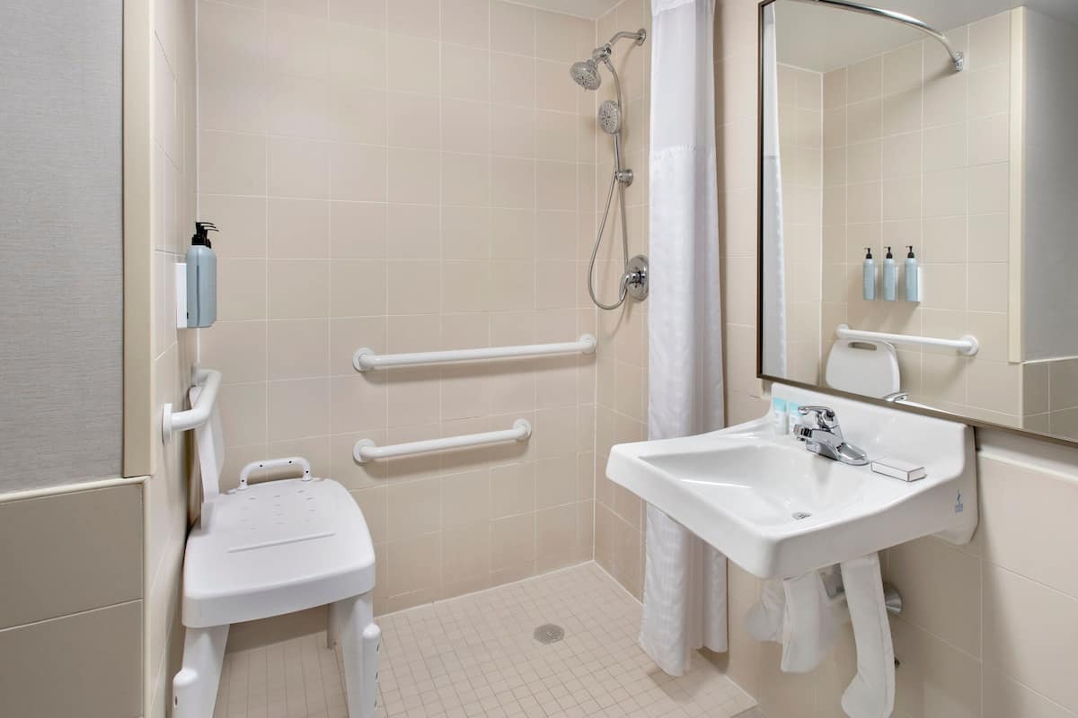 combined shower/bathtub, free toiletries, hair dryer, towels