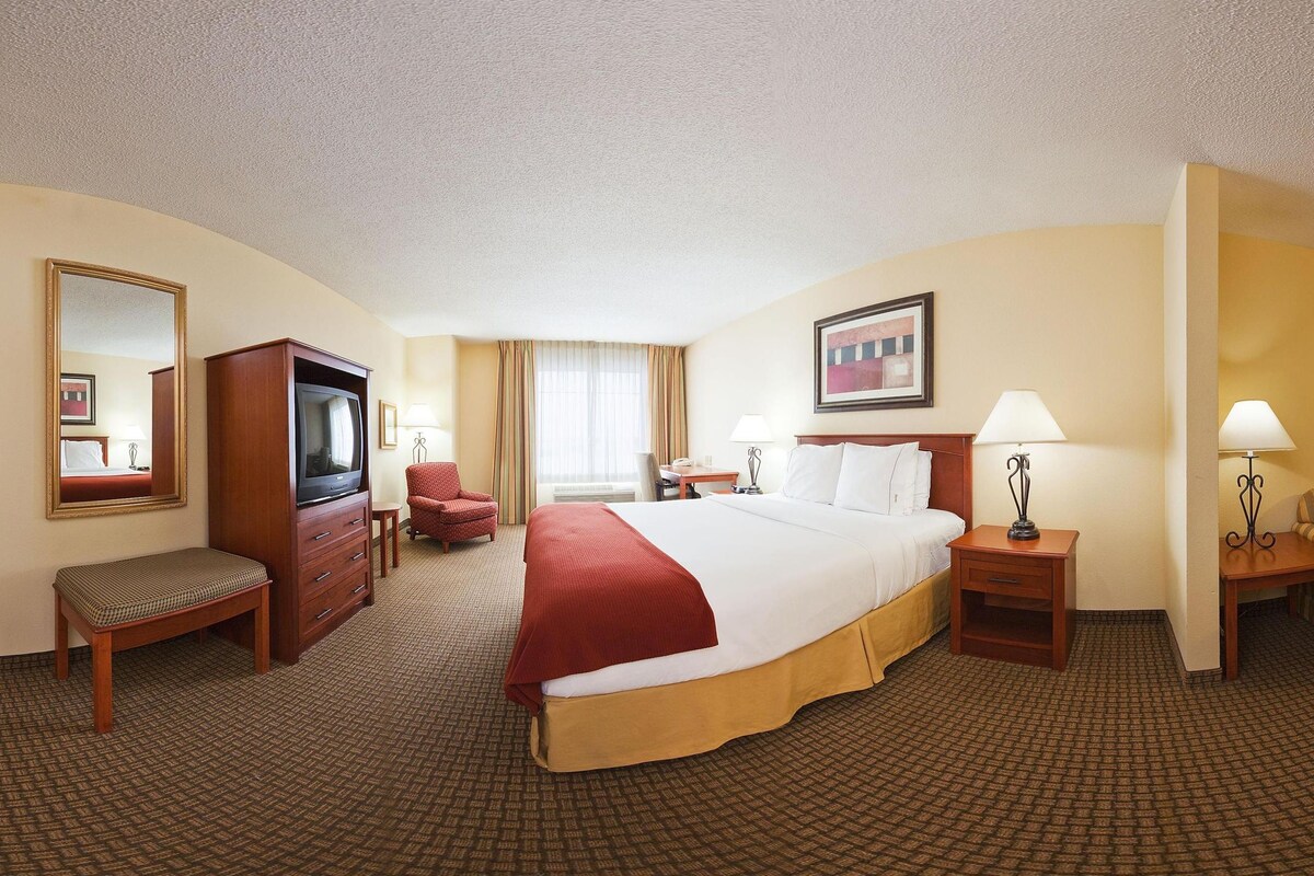A hotel room with a large bed, a TV, a desk with a chair, a sofa, and a mirror.
