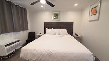 A hotel room with a bed, a ceiling fan, a bedside table with a phone, a wall-mounted air conditioner, and a painting on the wall.