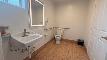 Basic Single Room, 1 Queen Bed, Accessible | Bathroom | Combined shower/tub, eco-friendly toiletries, hair dryer, towels