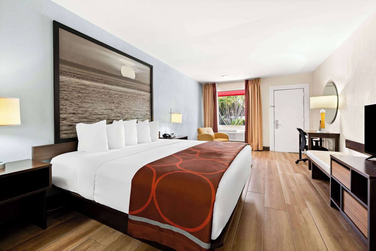 A hotel room with a large bed, a desk with a chair, a TV, and a window with curtains.