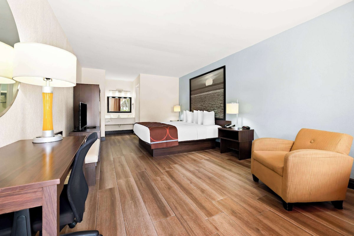 A hotel room with a wooden floor, a bed with white linens, a sofa, a desk with a lamp, and a television.