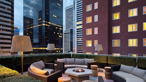 A rooftop lounge with outdoor seating, a fire pit, and city views.