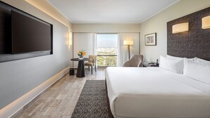 Habitación de hotel con una cama grande, un televisor de pantalla plana en la pared, una mesita con un jarrón de flores, dos sillas, un escritorio con lámpara y vistas a la ciudad desde la ventana.