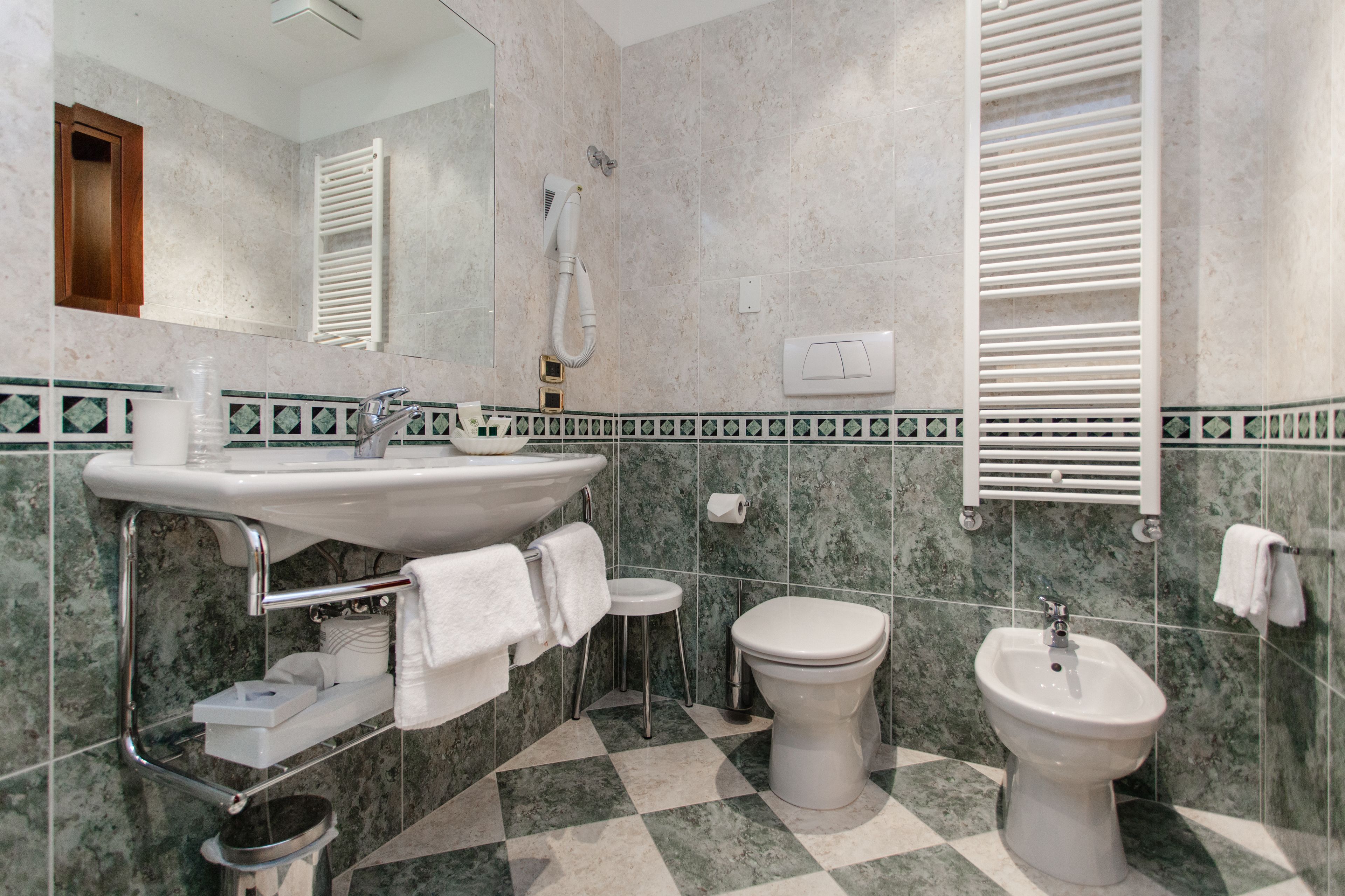 shower, hair dryer, bidet, towels