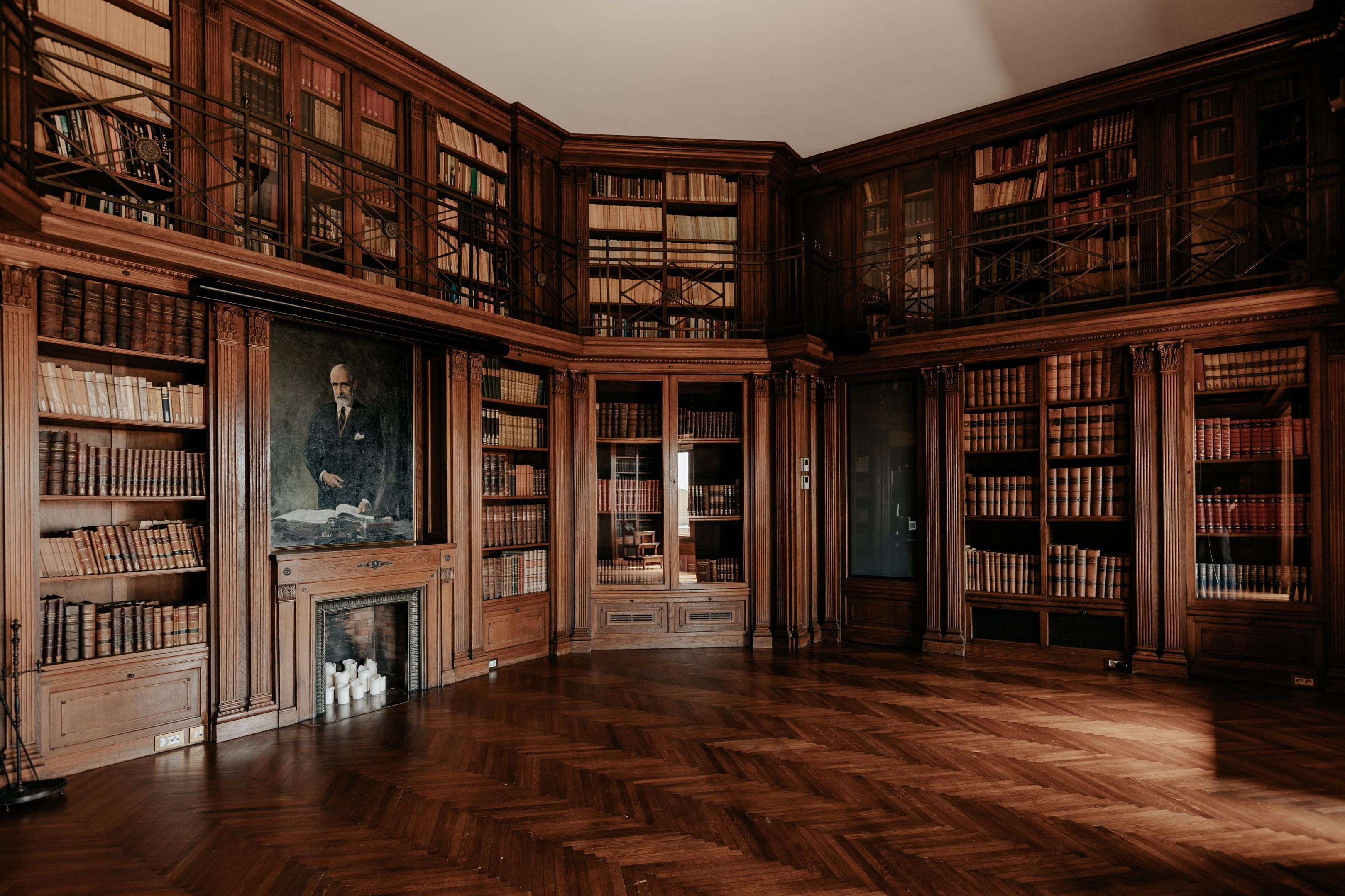 Une vaste bibliothèque richement décorée, avec de hautes étagères en bois remplies de livres, une cheminée et un tableau représentant un portrait.