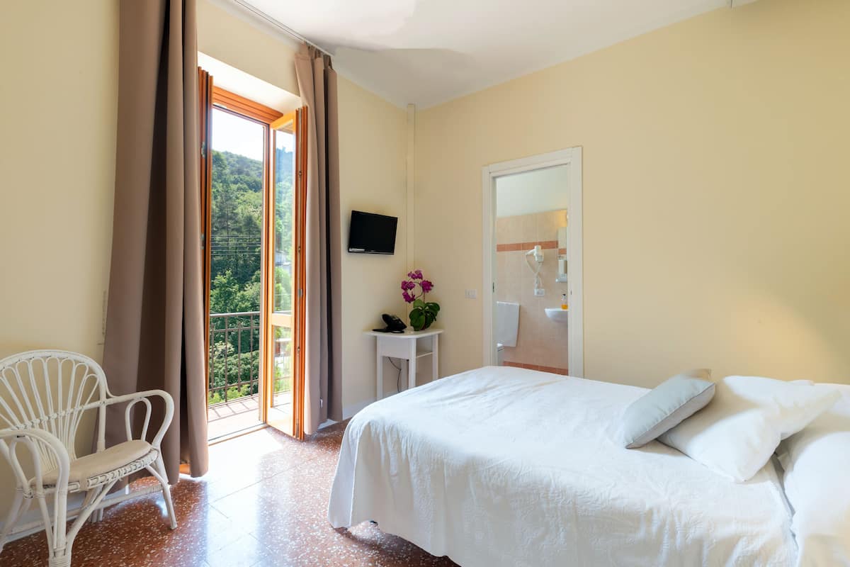 A bedroom with a bed, a chair, a TV, and a small table with a flower.