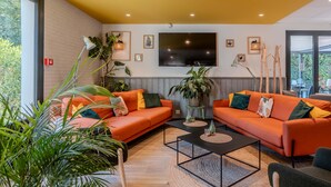 A modern living room with two orange sofas, a flat-screen TV, and various plants. - Campanile NATURE - Orange (Orange)