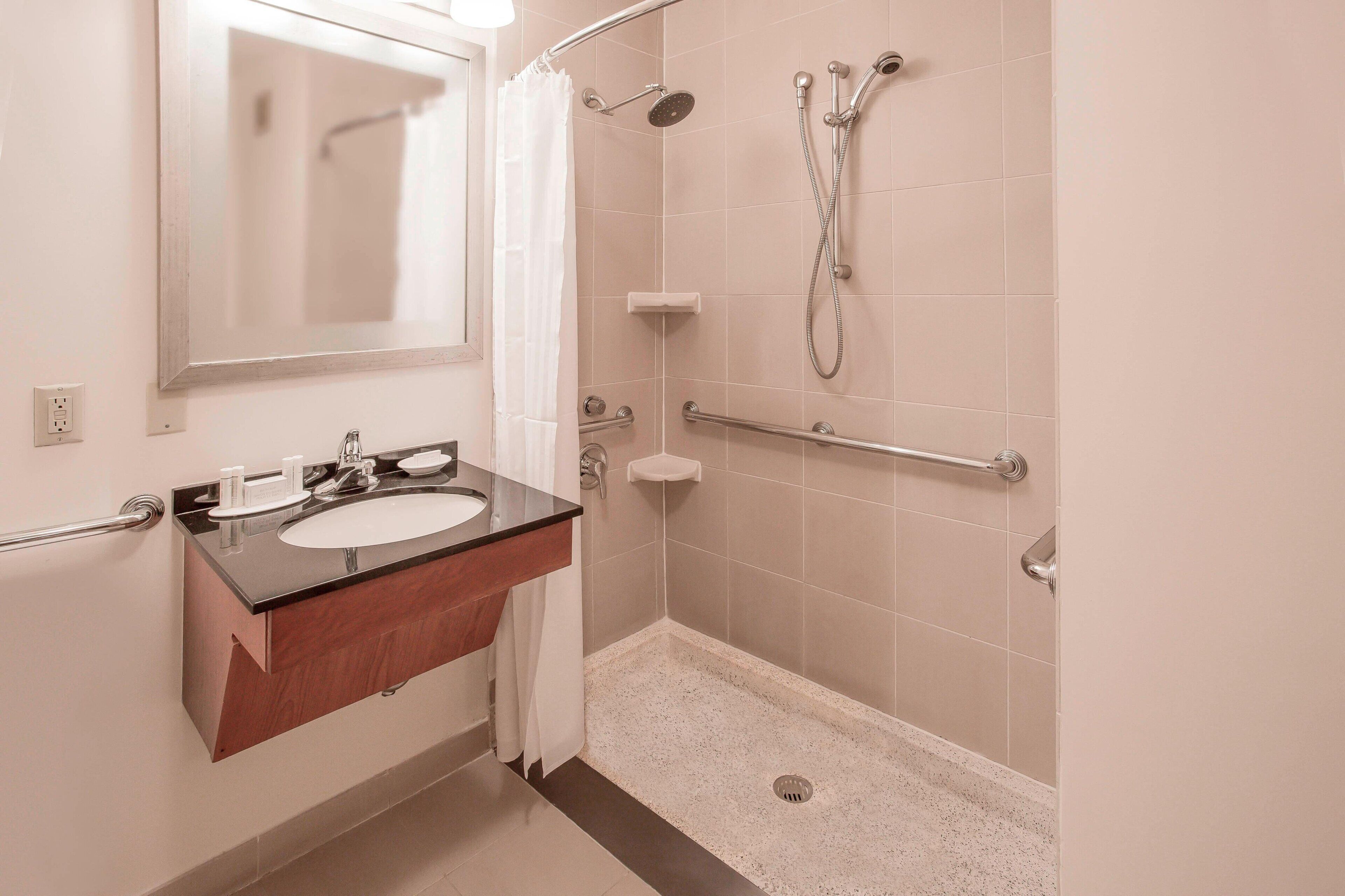 combined shower/bathtub, free toiletries, hair dryer, towels