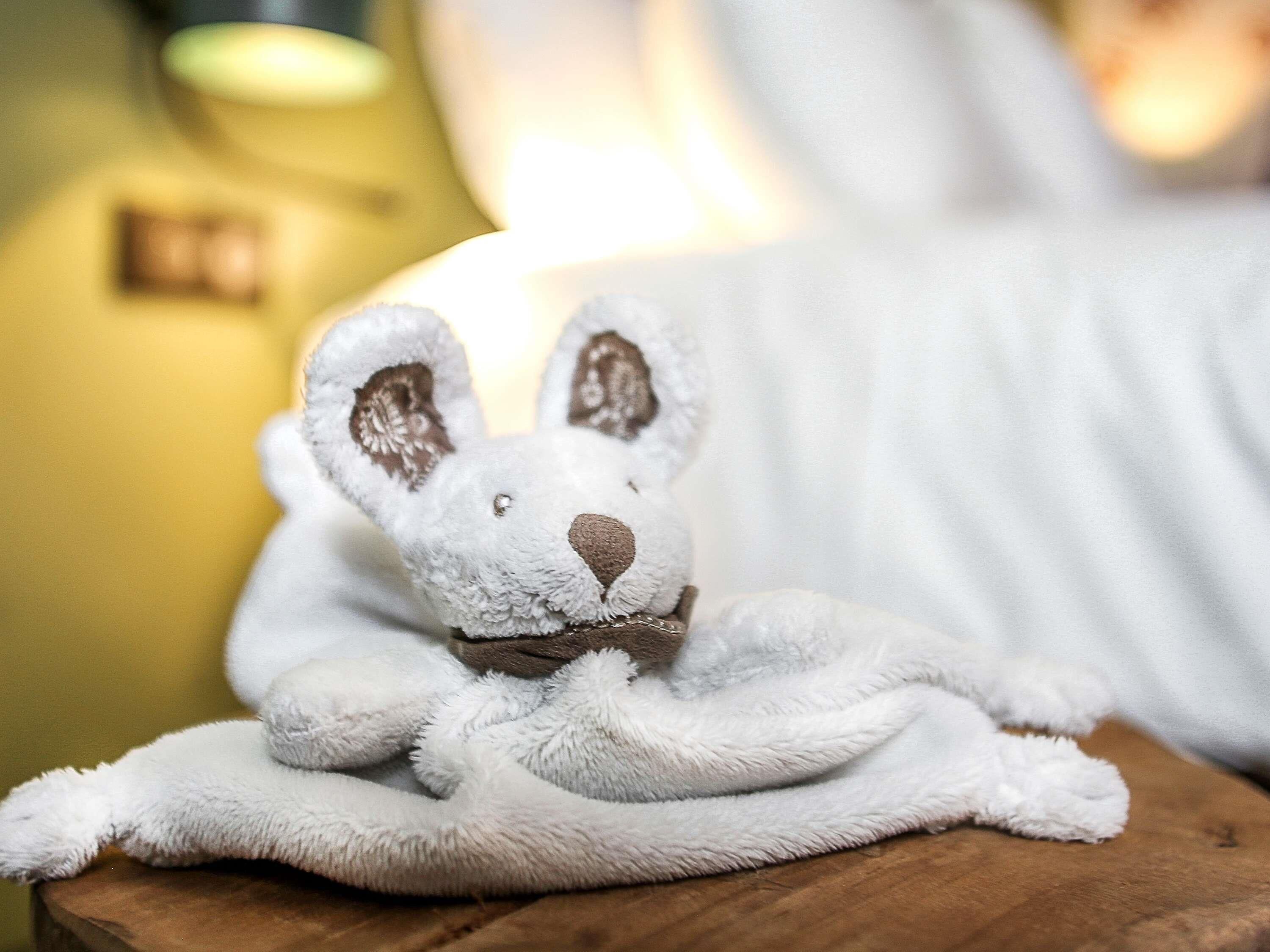 Un peluche sobre una manta.