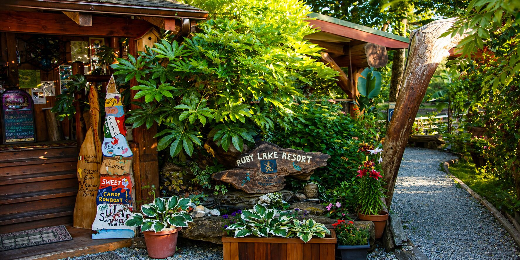 Une cabane en bois rustique, sur laquelle est apposée une enseigne indiquant « Ruby Lake Resort ».